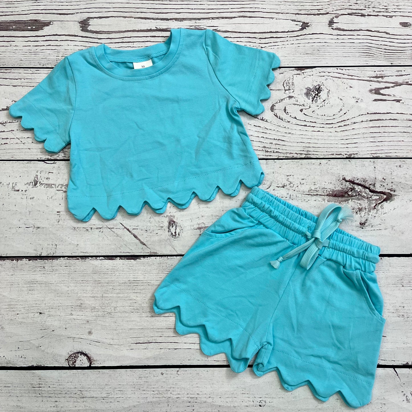 Kids Girls Blue Scallop Shorts Set