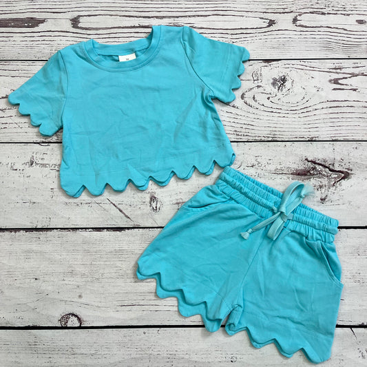 Kids Girls Blue Scallop Shorts Set