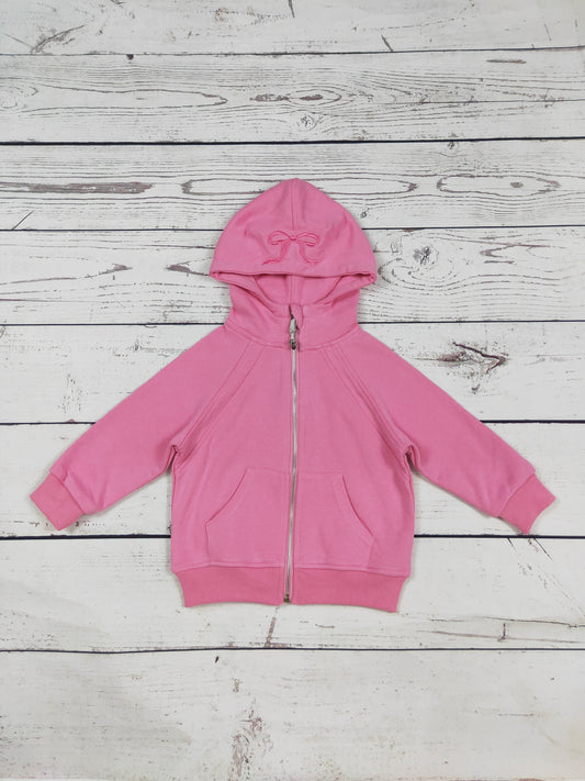 Pink Bow Appliqué Cotton Kids Girls Full-Zip Hoodie