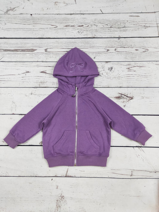 Purple Bow Appliqué Cotton Kids Girls Full-Zip Hoodie