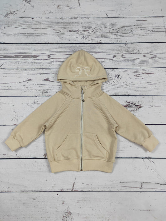 Beige Bow Appliqué Cotton Kids Girls Full-Zip Hoodie