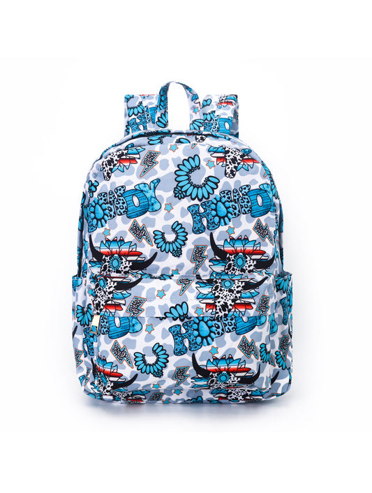 Howdy Cow Print Turquoise Western Backpack For Kids