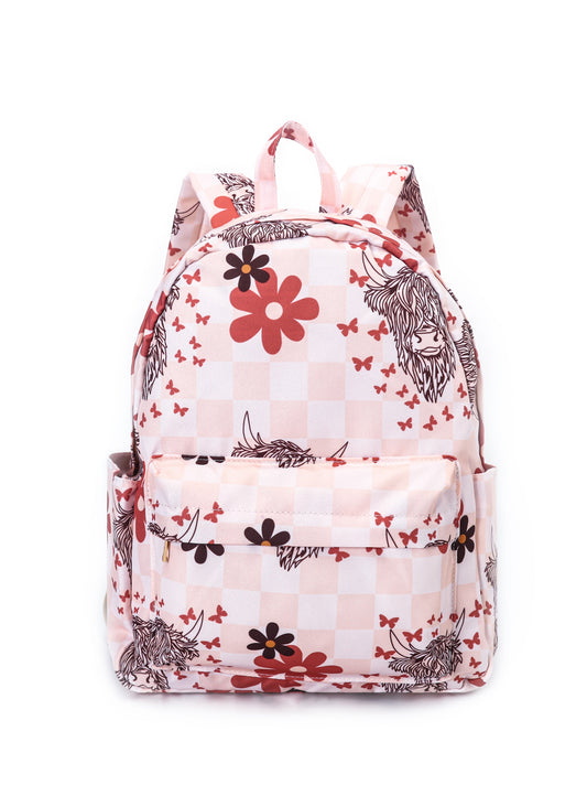 Girl Highland Cow Butterflies Pink Plaid Backpack