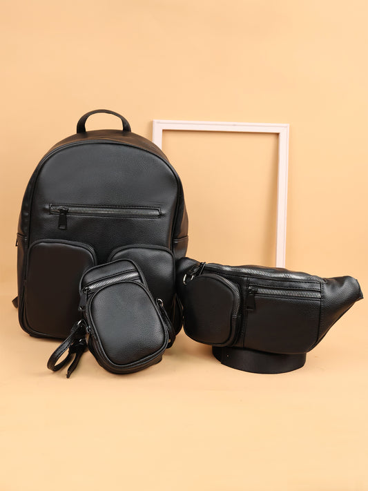3 Pieces PU Leather Black Bags