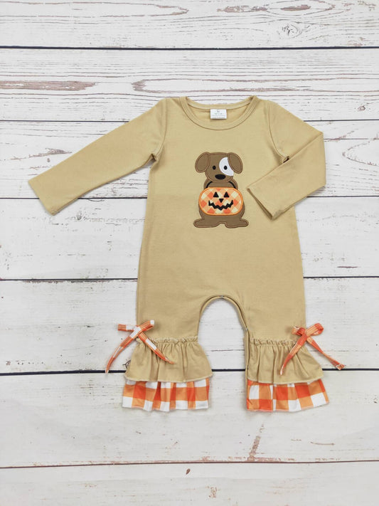 Baby Dog Appliqué Checkered Halloween Romper