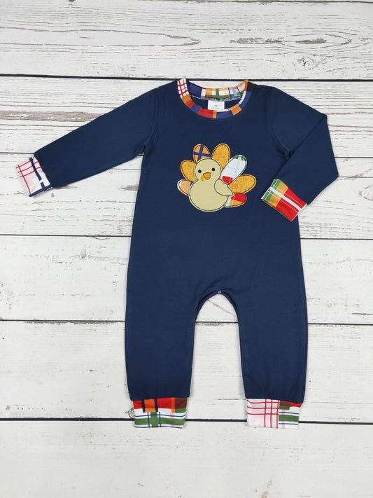 Navy Turkey Appliqué Thanksgiving Baby Romper