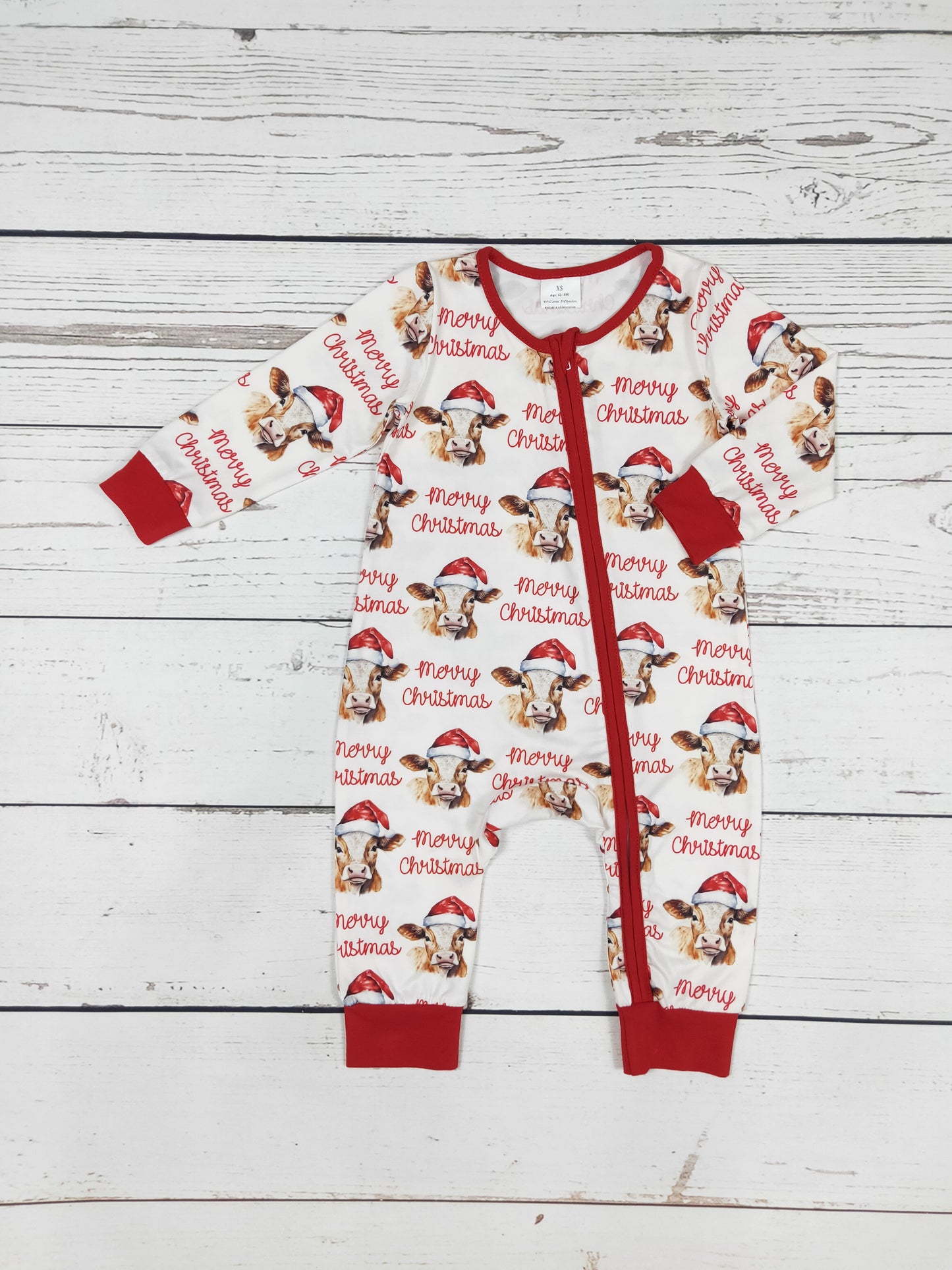 Boy Cows Print Merry Christmas Zip Romper