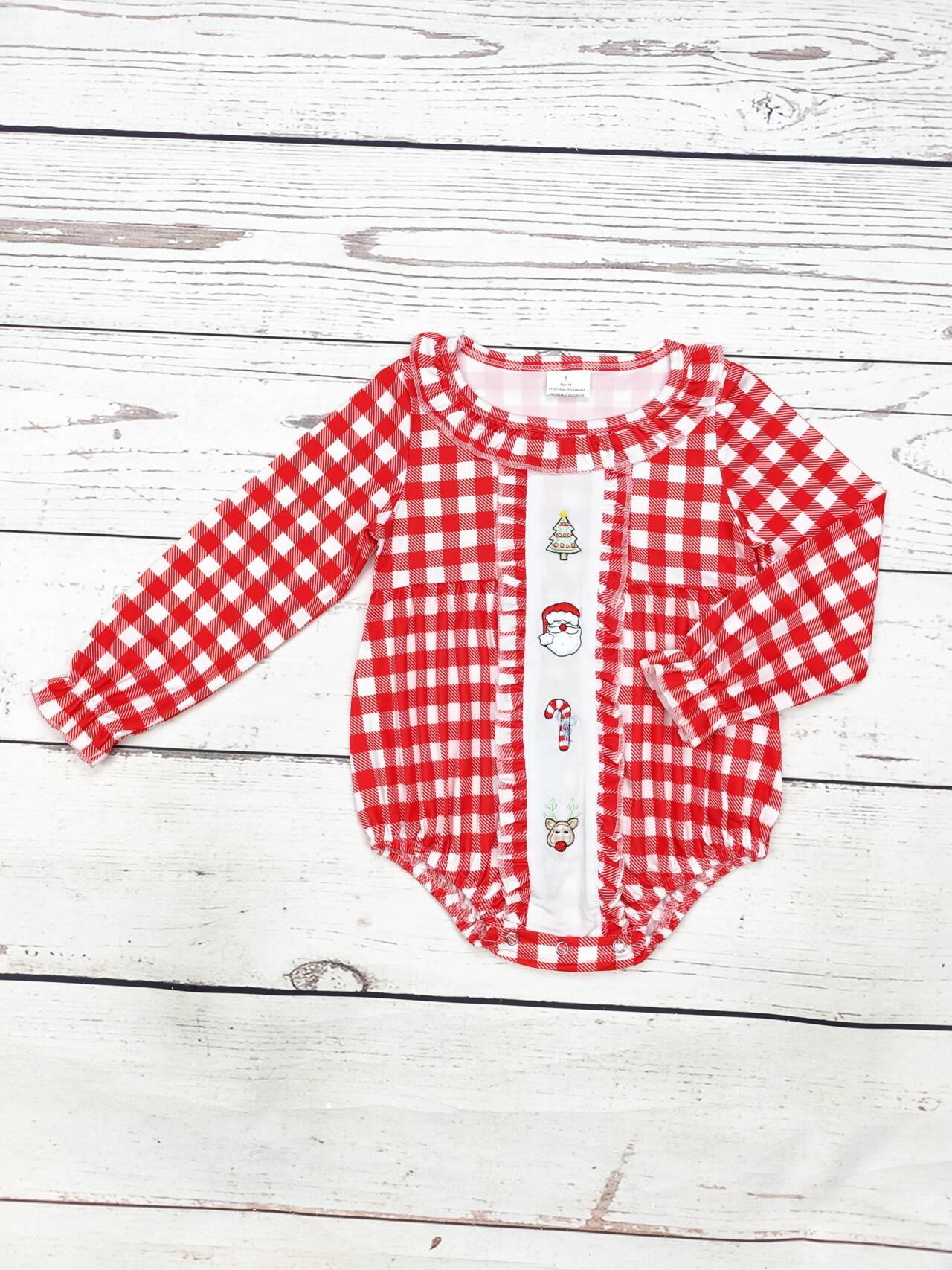 Baby Girl Red Checkered Appliqué Christmas Bubble