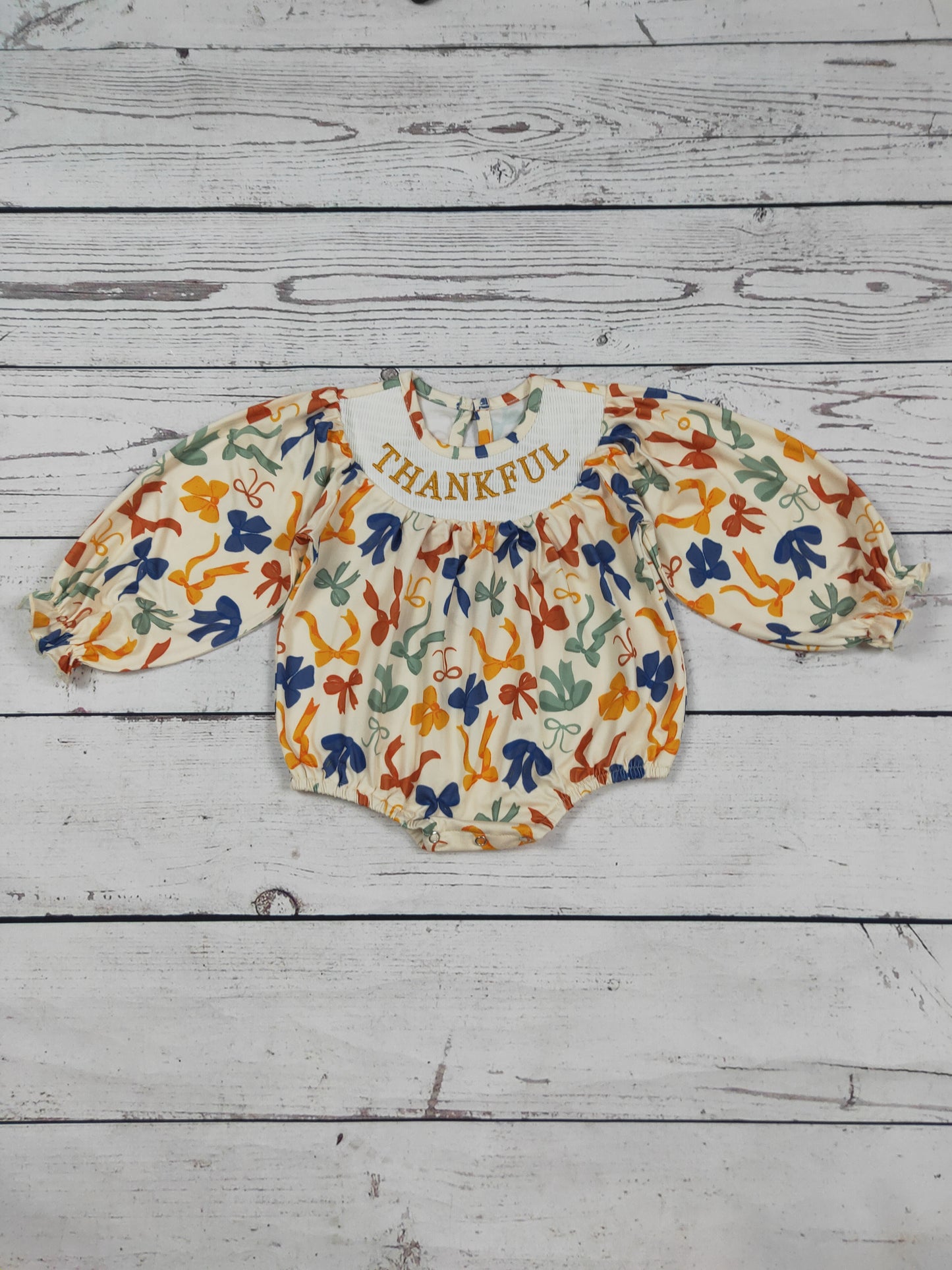 Thankful Smocked Bow Printed Baby Bubble