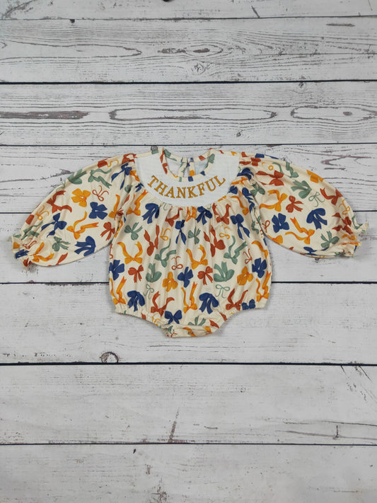 Thankful Smocked Bow Printed Baby Bubble