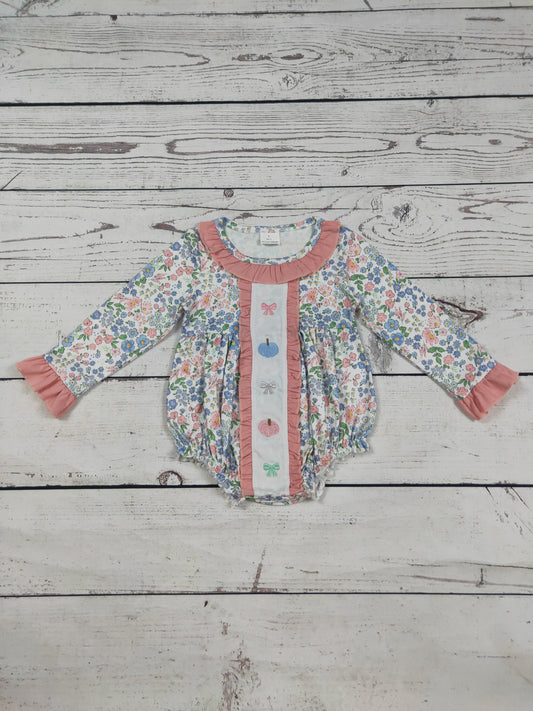 Baby Girl Pumpkin Bow Appliqué Floral Printed Bubble