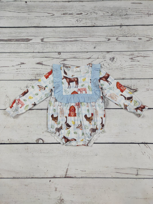 Gingham Printed Farm Baby Girls Bubble