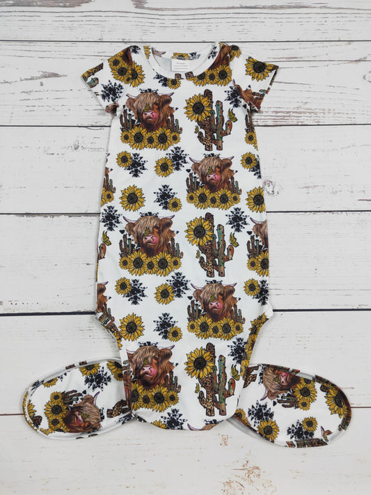 Sunflower Cactus Cows Printed Infant Babygown