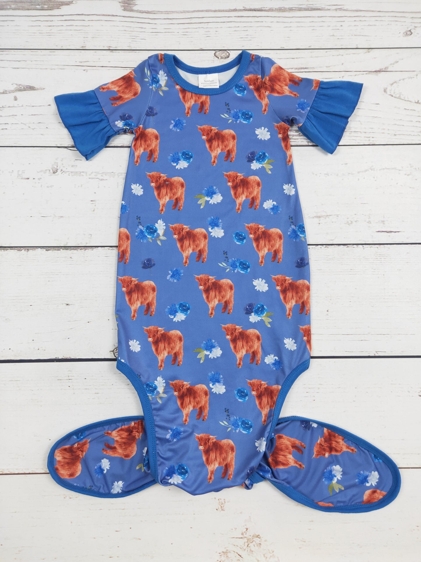 Blue Flower Cows Printed Infant Babygown