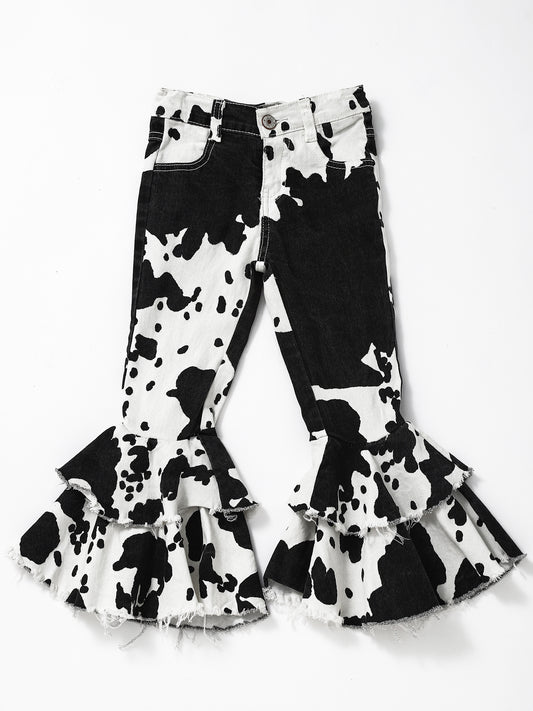 Black Cow Print Double Layer Girls Denim Pants