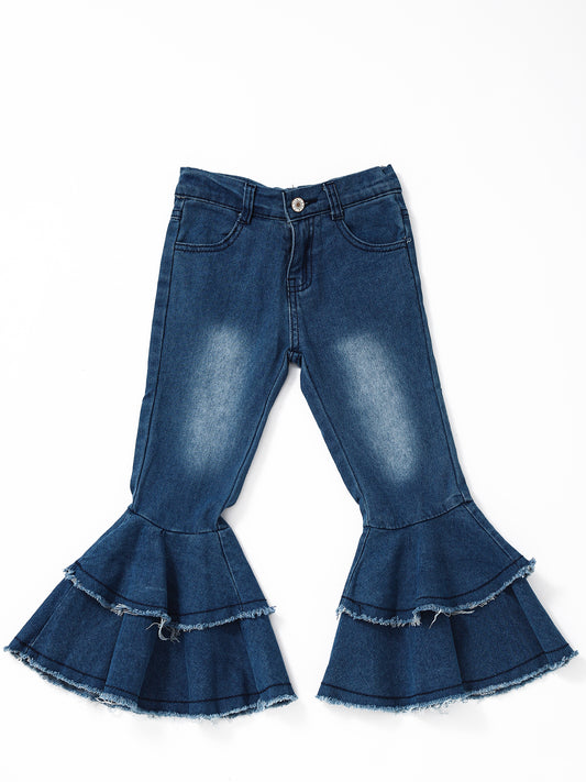 Blue Washed Double Layer Girls Bell Bottom Jeans