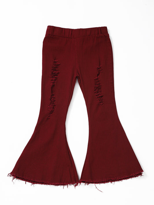 Maroon Distressed Girls Flare Jeans