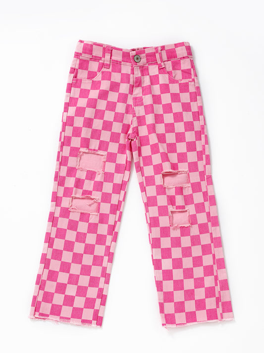 Pink Checkered Girls Jeans