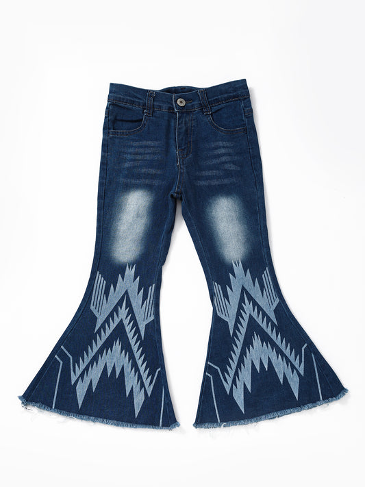 Blue Washed Aztec Girls Western Flare Jeans