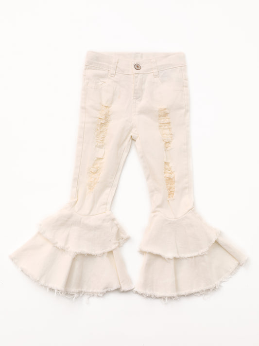 White Distressed Double Layer Girls Denim Pants
