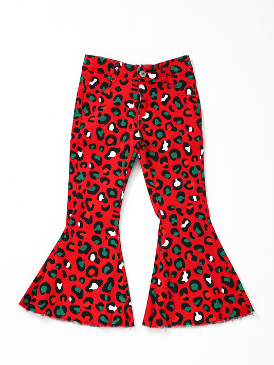 Red Green Leopard Girls Christmas Flare Jeans