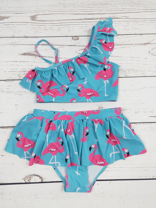 Flamingo Printed Two Piece Girls Summer Swim Set