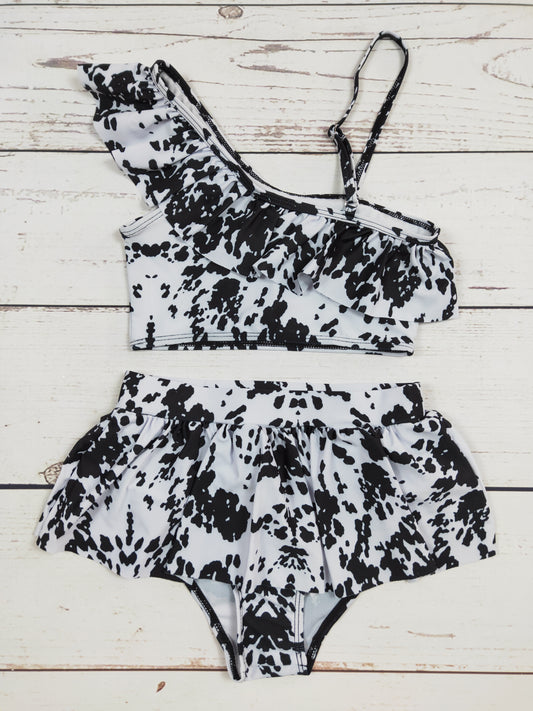 Black White Cow Printed Two Piece Girls Summer Swimwear
