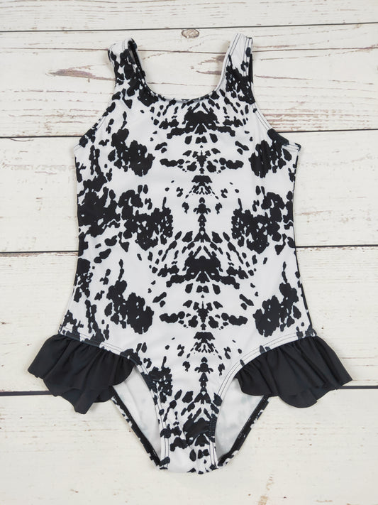 Black White Cow Printed One Piece Girls Summer Swimsuit