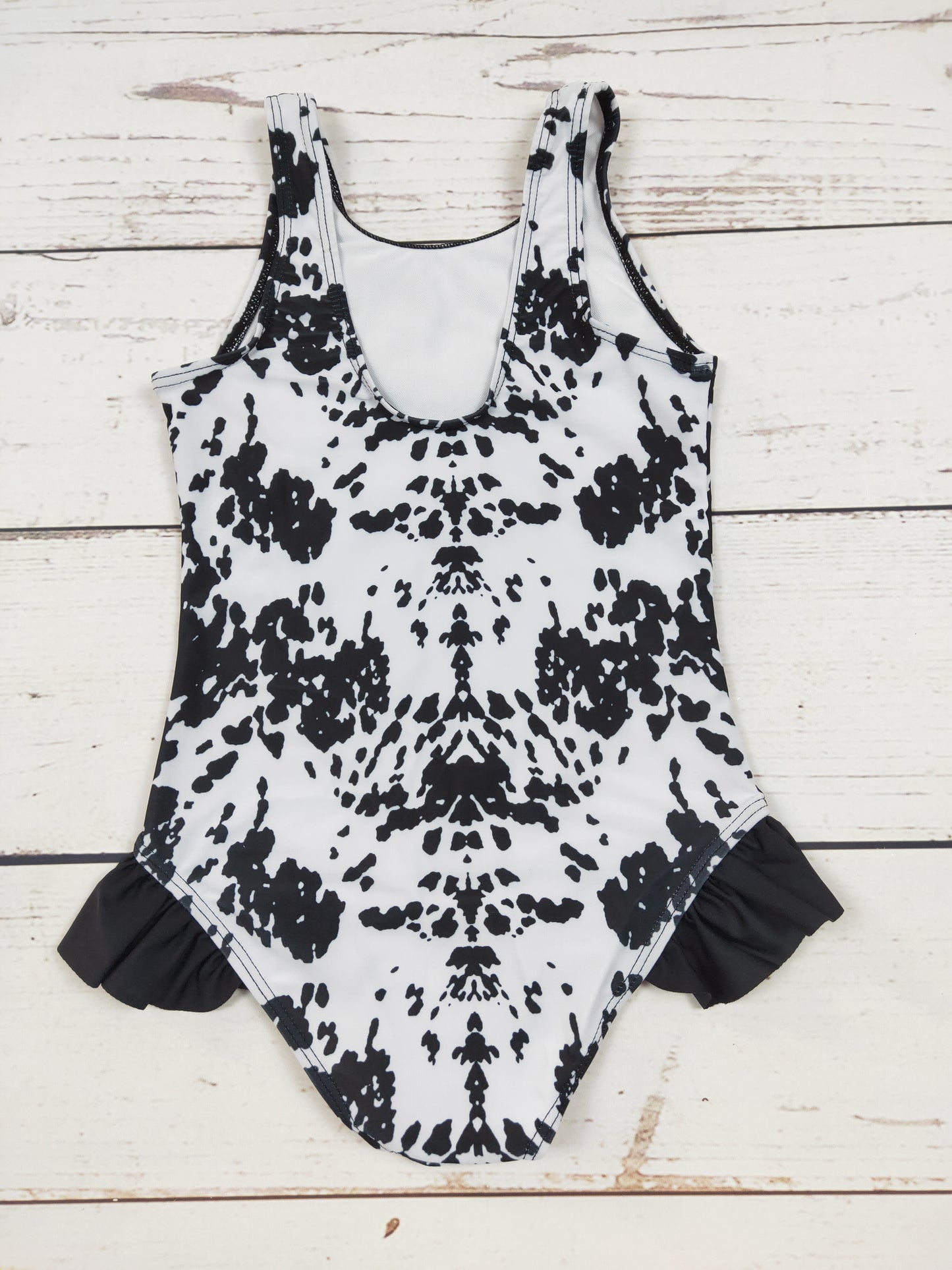 Black White Cow Printed One Piece Girls Summer Swimsuit