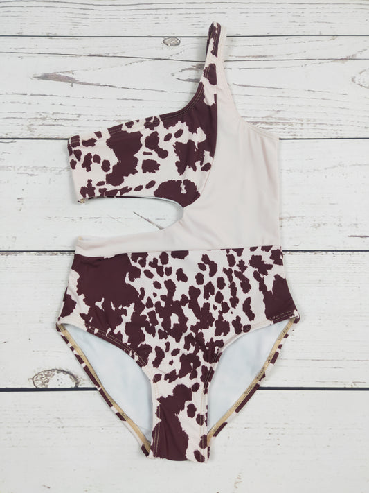Brown Cow Printed One Piece Girls Summer Swimsuit