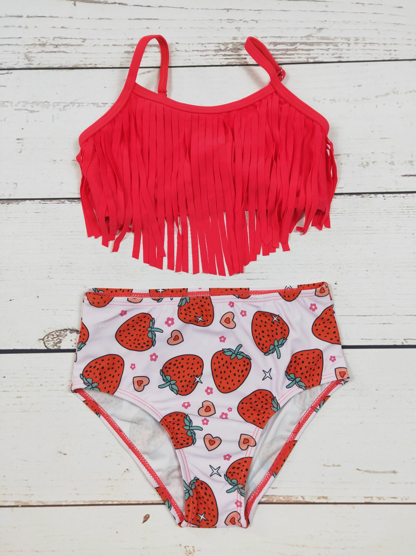 Strawberry Printed FringeTwo Piece Girls Summer Swim Set
