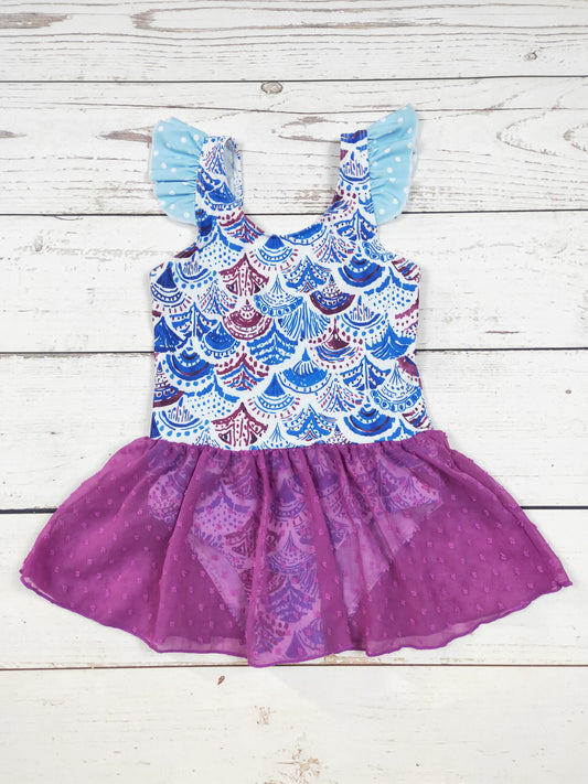 Purple Scale Printed Girls Summer Swimwear