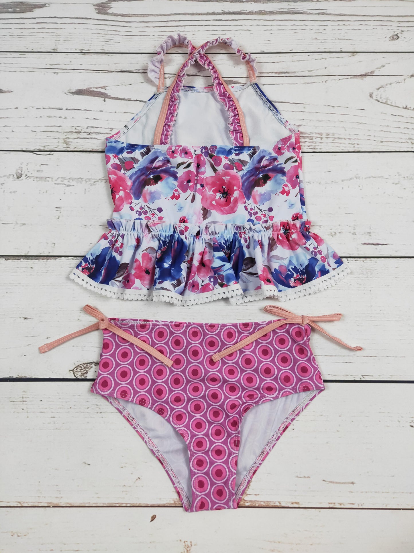 Blue Pink Flower Printed Girls Summer Swim Set