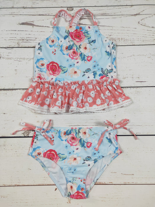 Flower Printed Two Piece Girls Summer Swimwear