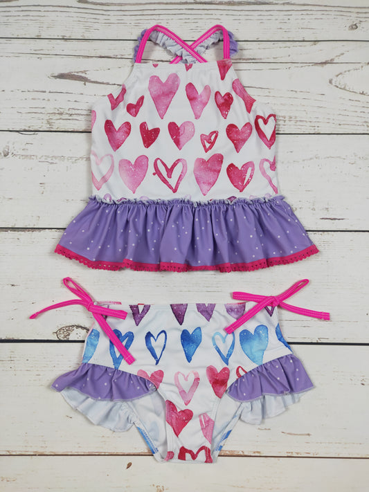 Heart Printed Two Piece Girls Summer Swimwear