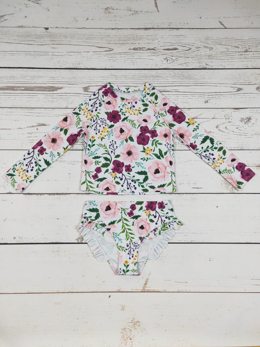 Flower Printed Sleeves Two Piece Summer Swimwear