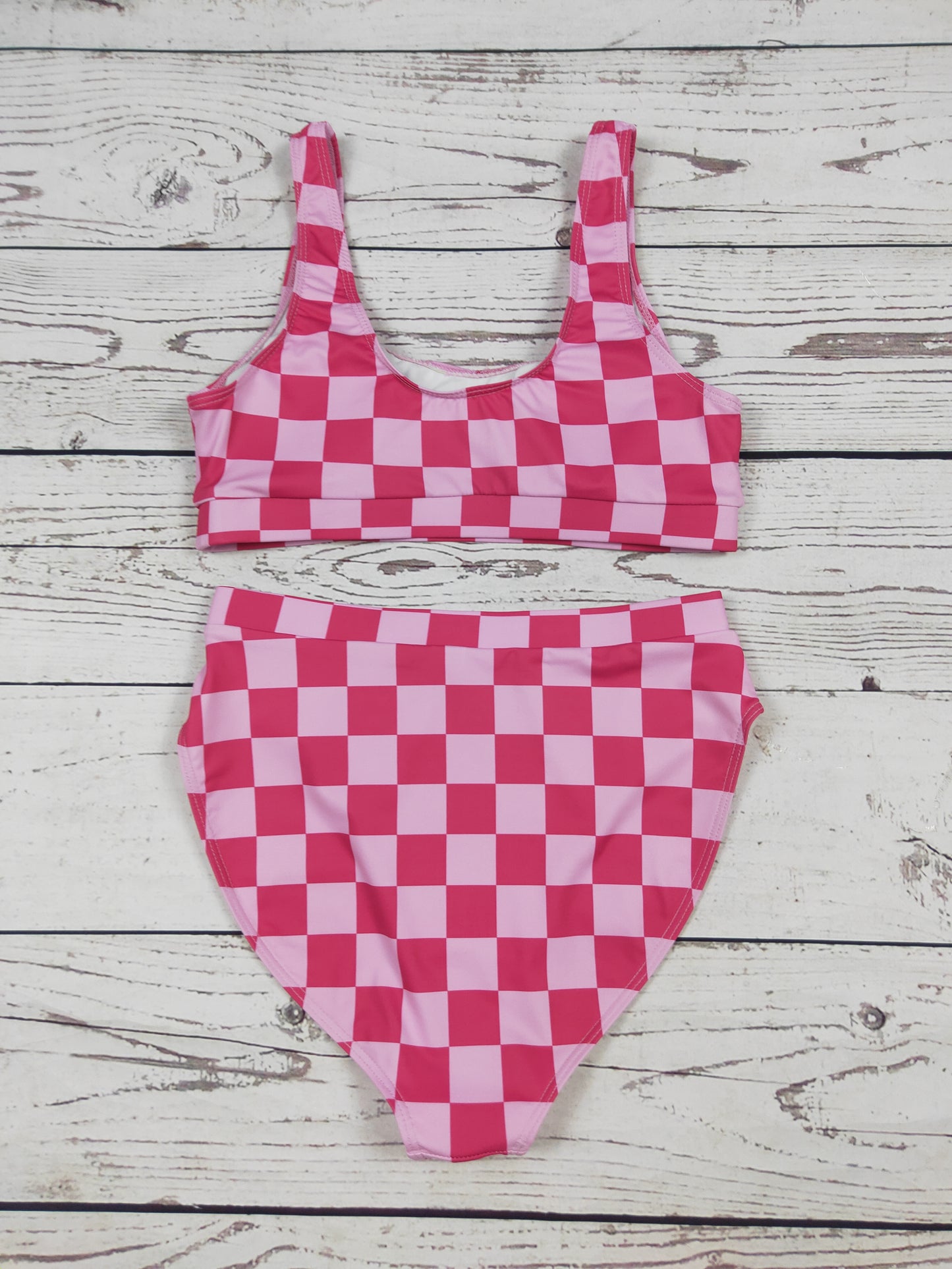Pink Gingham Printed Women Two Piece Bikini Set