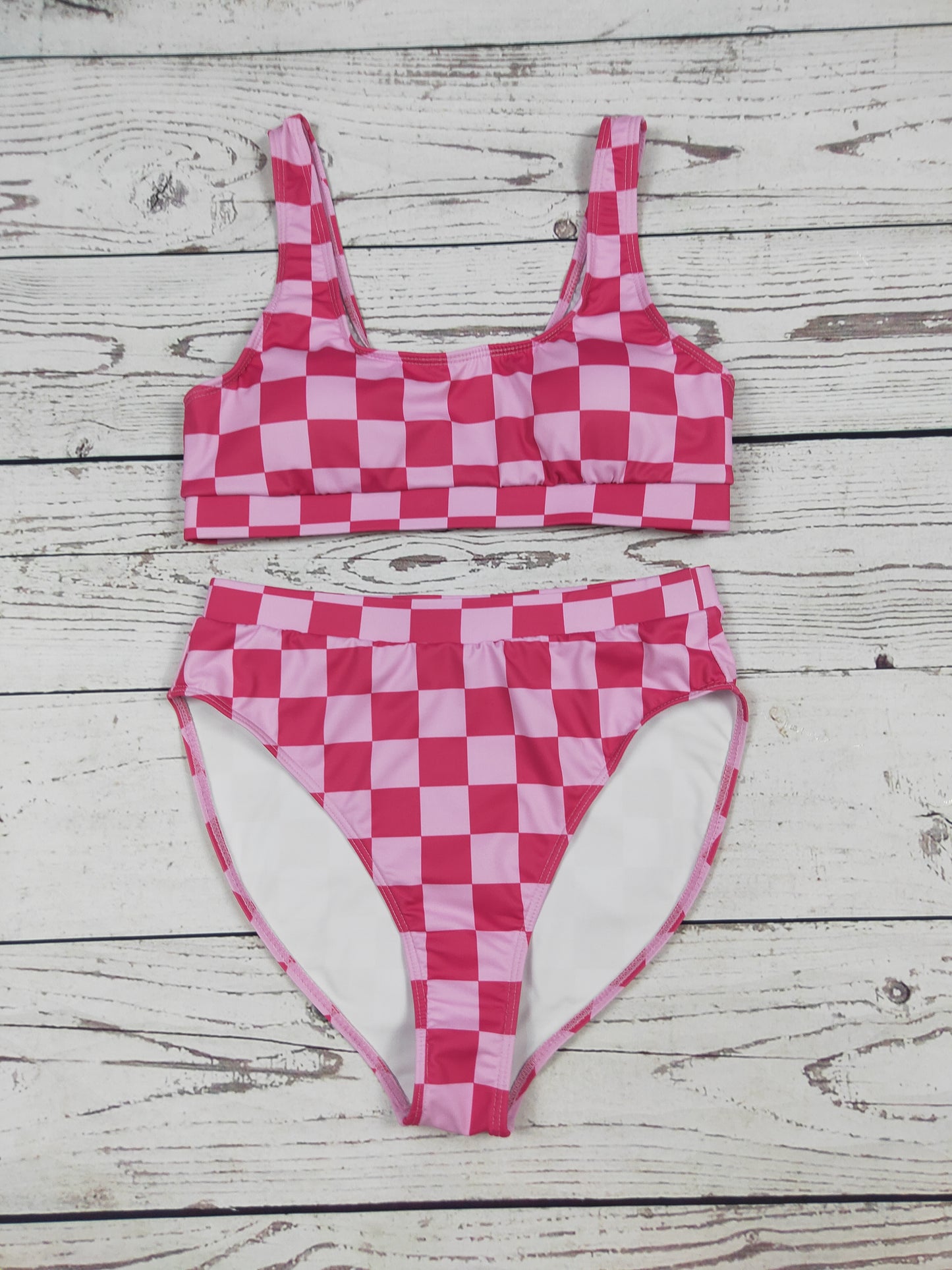 Pink Gingham Printed Women Two Piece Bikini Set