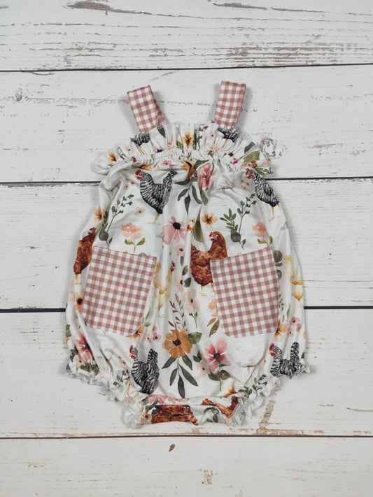 Chicken Printed Baby Girls Romper With Pockets