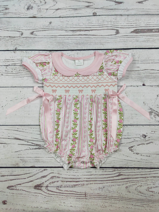 Flower Printed Bow Smocked Baby Bubble