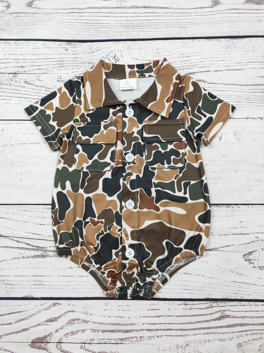 Brown Camouflage Printed Baby Bubble With Pocket