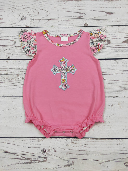 Baby Girl Cross Appliqué Easter Bubble