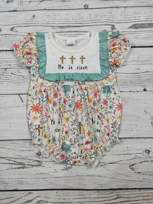 He Is Risen Cross Printed Baby Girl Easter Bubble
