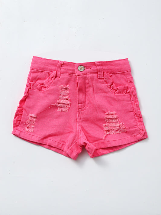 Kids Pink Distressed Ruffle Denim Shorts