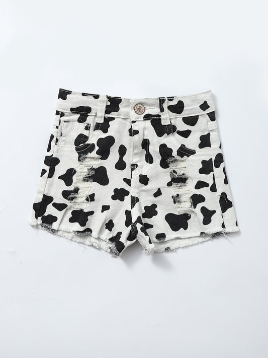 Cow Printed Distressed Denim Shorts