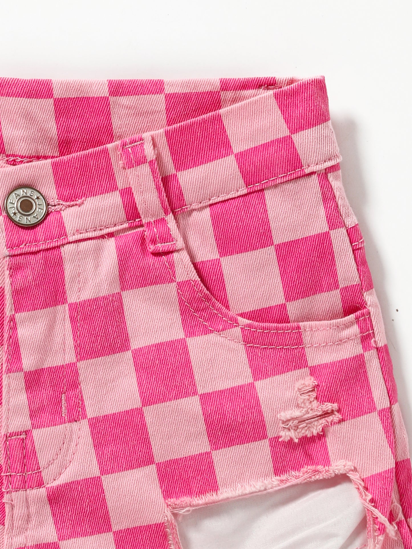 Girls Pink Checkered Denim Shorts
