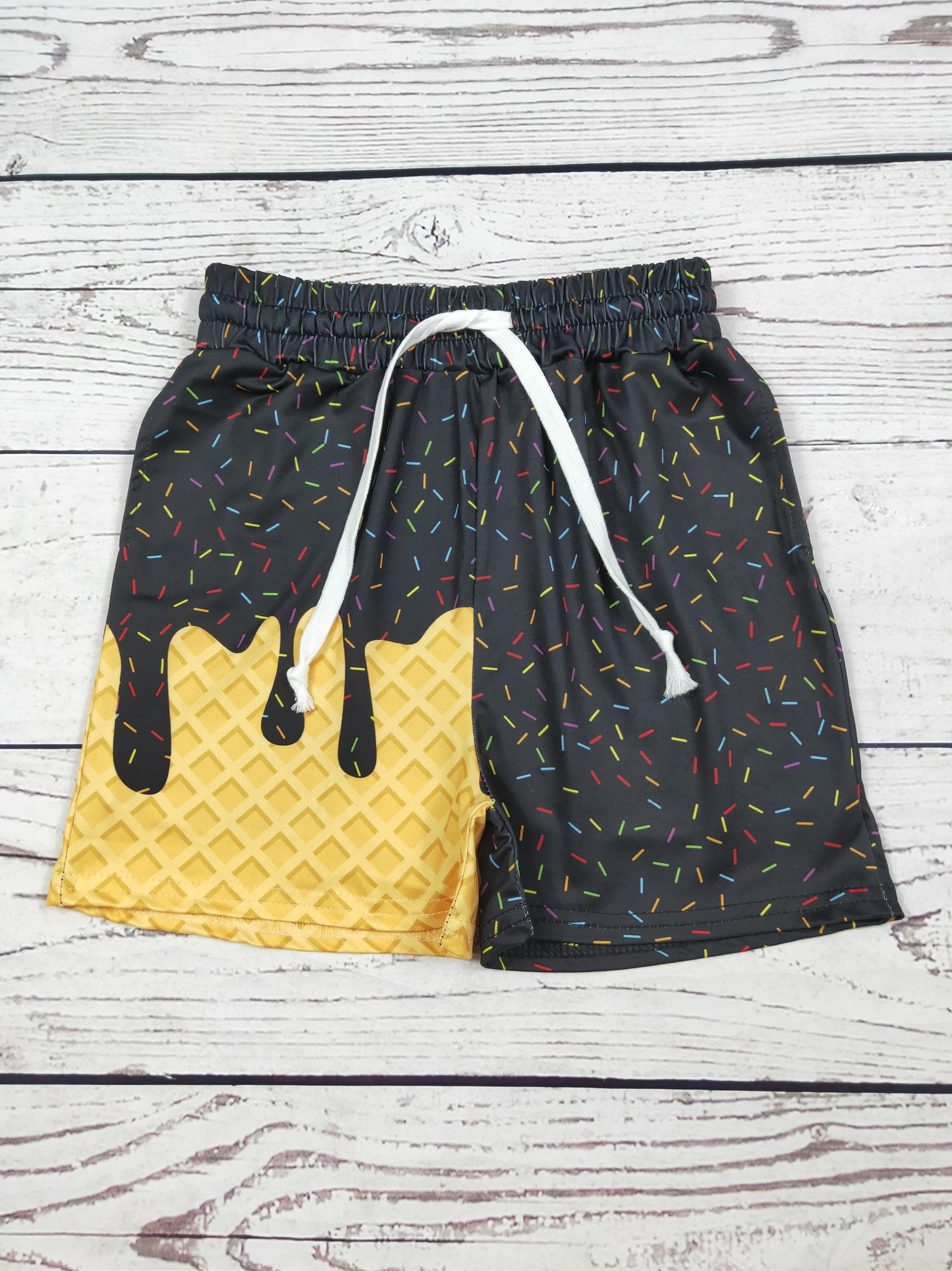 Boys Black Ice Cream Drip Printed Shorts With Pockets