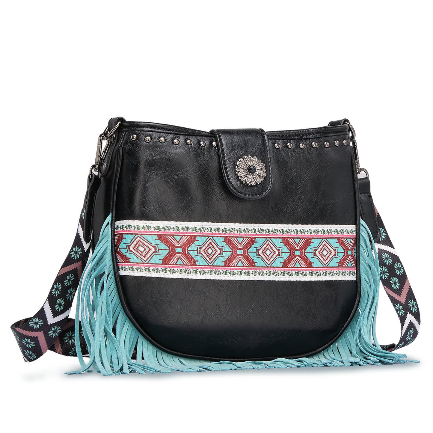 Black PU Leather Shoulder Bag with Fringe