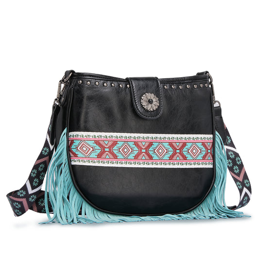 Black PU Leather Shoulder Bag with Fringe